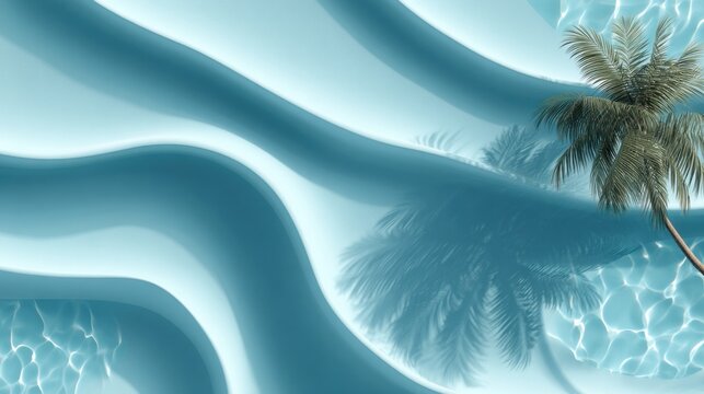 Palm tree and reflection in wavy blue water
