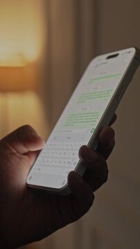 Man hands chatting and typing on smartphone macro closeup. Unrecognizable human typing text message tapping touchscreen keyboard using whatsapp application a social media