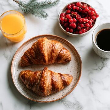 Fresh croissants with berries and orange juice