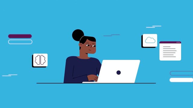 Woman Multitasking on Laptop with Digital Data Screens 2D Animation &ndash; Cloud Working, Software Development, and Freelance Workflow Concept