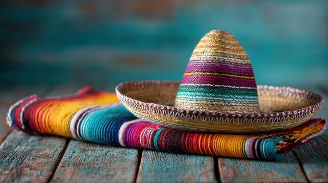 Mexican sombrero and serape on rustic wooden table