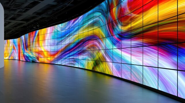Curved led screen displays abstract colorful digital art