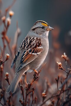 Small bird with yellow crown on branch