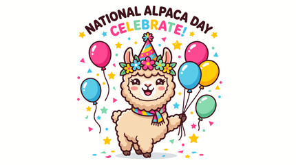Fototapeta premium Alpaca character celebrates with festive balloons and colorful party decorations.