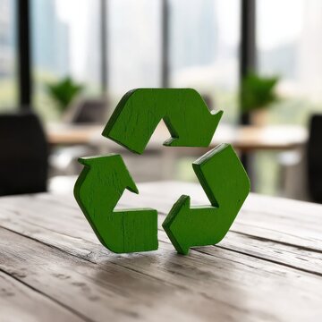 Green recycling symbol on wooden table indoors