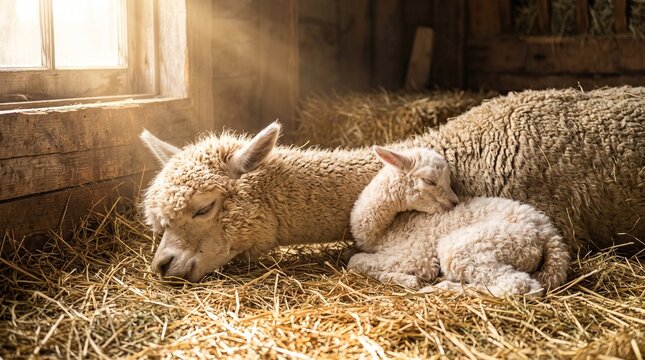 Alpaca mother rests in a rustic barn with her newborn cria in the hay.