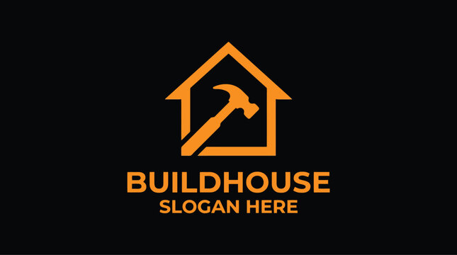 Orange house and hammer logo for construction company branding.