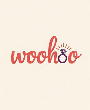 Excited woohoo text with a sparkling diamond engagement ring illustration