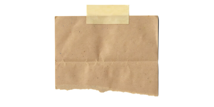 Crumpled Brown Paper Note with Yellow Tape isolated on a transparent background