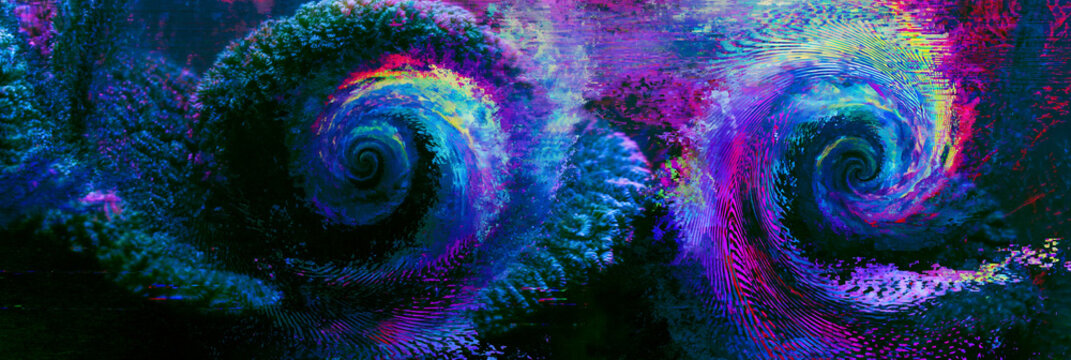 coral reefs morphing into recursive fractal spirals, surreal coral reef with digital glitch distortion, neon bioluminescent coral fractal abstract background