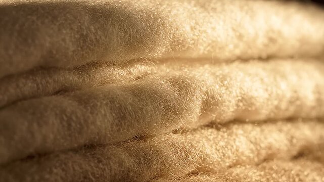 Sunlight sweeps across the soft textures of folded wool fabric, highlighting natural fibers in a cozy and warm interior setting.