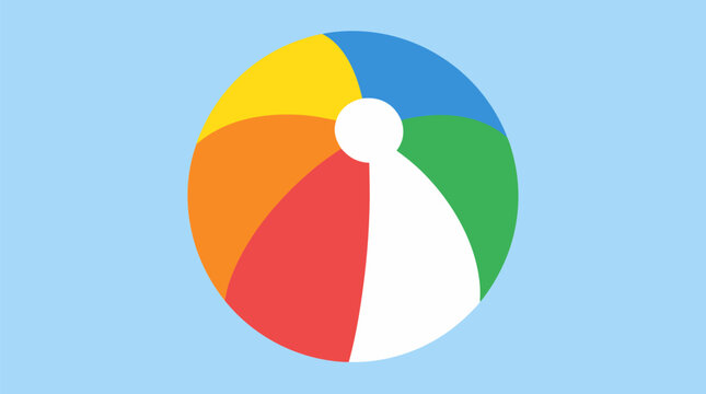 Beach ball vector illustration with colorful red yellow blue green orange and white panels on pale blue background, playful summer icon for vacation, pool party, travel, sports, and kids designs