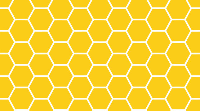 Golden yellow hexagon honeycomb vector background with crisp white grid lines, seamless geometric bee cell pattern, warm modern texture for packaging, branding, web banners, and abstract design