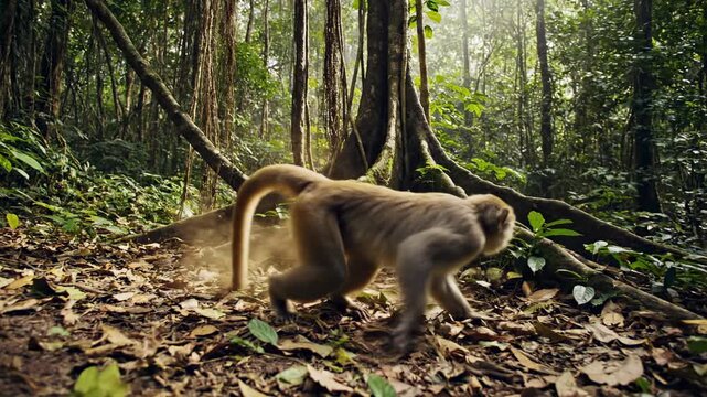 A wild macaque moves through the dense tropical forest floor while foraging for food underneath the vast canopy of towering ancient trees providing a natural habitat for various exotic primate