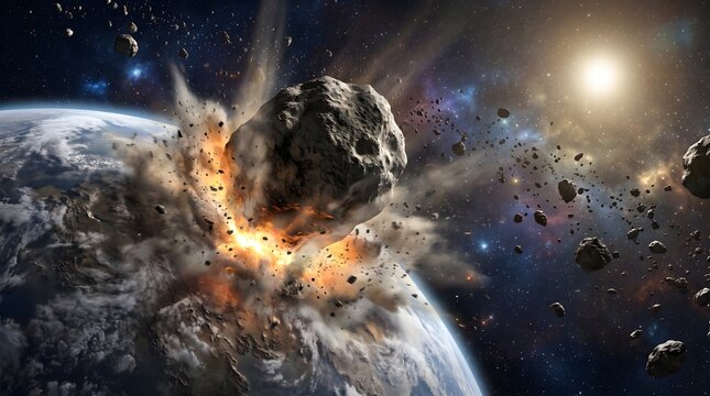 Illustration of a large asteroid impact near a planet with floating space rocks, explosions, and a distant galaxy background.