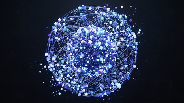 Abstract Digital Network Sphere Composed of Glowing Connected Cubes and Nodes in Dark Space