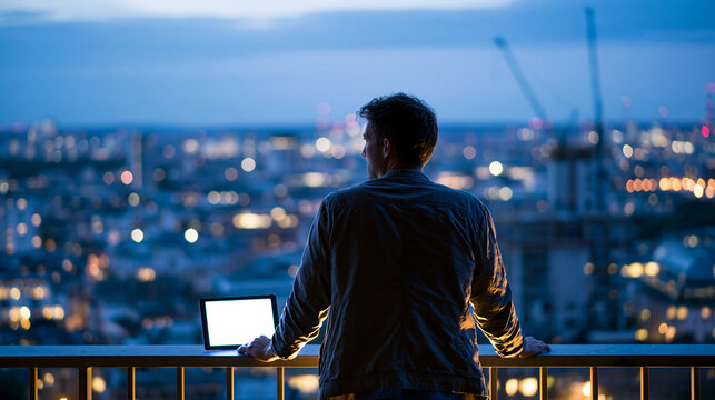 British millennial male early 30s standing at a rooftop railing at blue hour, arms resting on the ledge, staring at a city skyline, back to camera, tablet propped nearby showing mo