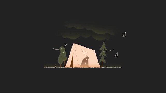 Camping Tent in Dark Forest under Lightning Thunderstorm 2D Animation &ndash; Wilderness Survival, Heavy Rain, Stormy Weather, and Adventure Concept