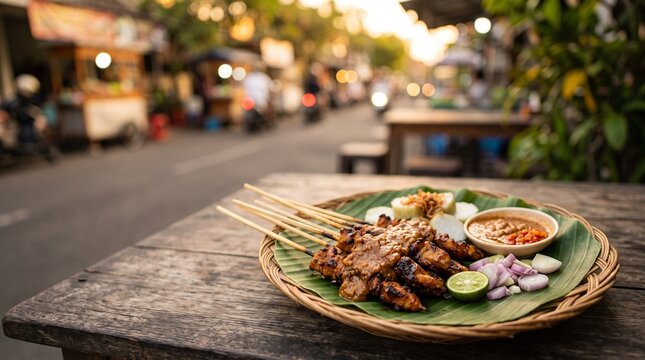 Traditional Indonesian chicken satay with rich peanut sauce served on a banana leaf over a woven bamboo plate
