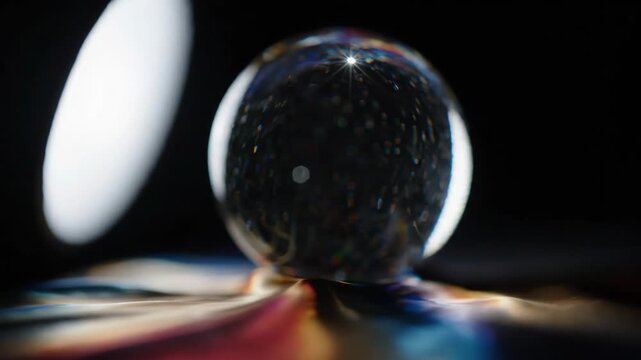 Crystal ball refracting light with colorful reflections on dark surface for science and art content