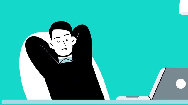 Office Worker Relaxing with Hands behind Head at Desk 2D Animation &ndash; Corporate Wellness, Work Break, Stress Relief, and Productivity Concept