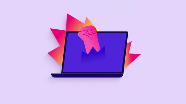 Fist Punching Through Laptop Screen with Abstract Energy 2D Animation &ndash; Cyber Security Breach, Hacking Attack, Digital Freedom, and Protest Concept