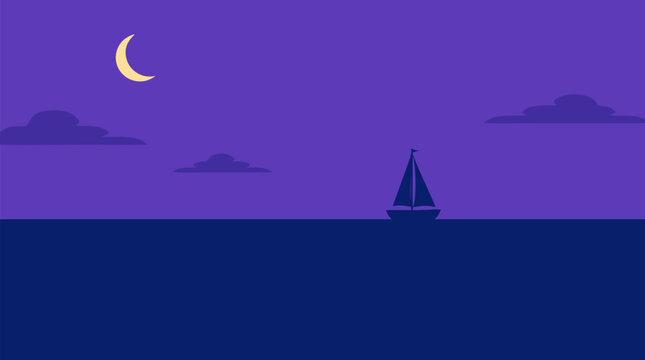 Calm twilight ocean horizon vector illustration with violet to deep blue gradient sky, crescent moon, soft clouds, and lone sailboat silhouette for tranquil nautical travel backgrounds
