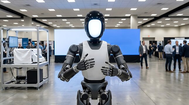 Advanced humanoid robot standing in a modern technology exhibition hall during a trade show