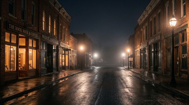 Quiet historic small town main street features brick buildings illuminated by glowing warm vintage street lamps during a misty and rainy dark evening in the night