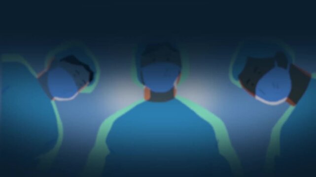Surgeons in Face Masks Looking Down Low Angle 2D Animation &ndash; Medical Operation, Emergency Room, Hospital Healthcare, and Surgery Team Concept