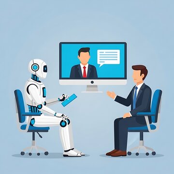 Humanoid Robot Interviewing Businessman During Virtual Meeting in Modern Office Illustration