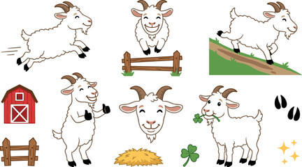 Organic Livestock Farm Goat Mascot Character Clipart Collection Vector Featuring Flat Cartoon Leaping Goat Double Thumbs Up Grazing Clover Haystack and Red Barn Elements © MstAnzu