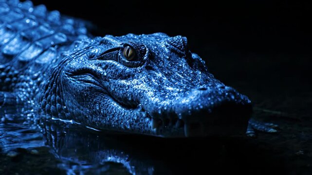 Alligator emerging from dark water at night in cinematic close up for wildlife and nature content
