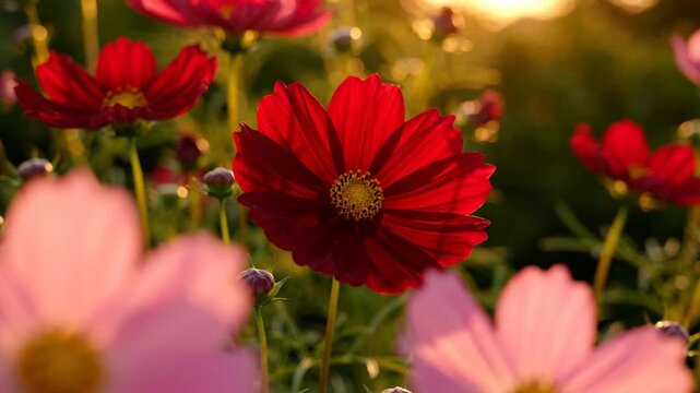 Cosmos flowers blooming in golden sunset garden for nature and beauty content
