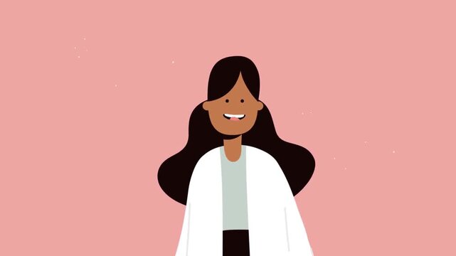 Friendly Female Doctor or Scientist in Lab Coat Waving 2D Animation &ndash; Professional Welcome, Medical Consultation, and Healthcare Expert Concept