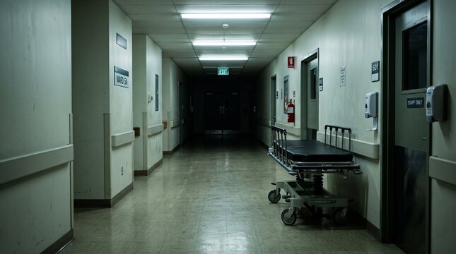 Empty hospital hallway featuring a metallic gurney parked against the wall under bright overhead fluorescent lights in a quiet medical facility during the late night shift
