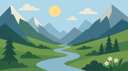 Fototapeta premium Peaceful alpine green valley vector landscape with winding blue river, snow capped mountains, pine forests, rolling hills, wildflowers, soft morning sun, clouds and fresh tranquil nature palette