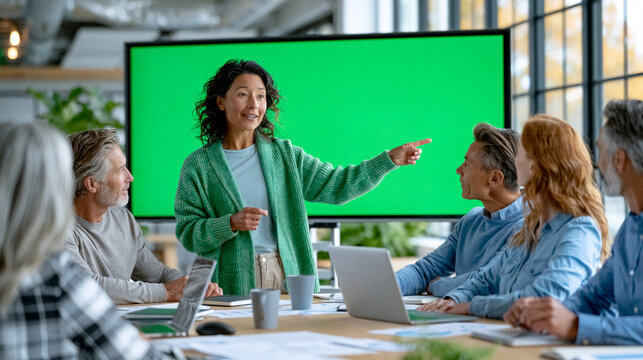Office Meeting Presentation: Asian Woman Presenter Briefs Software Team in Office, Pointing to Large Green Screen Chroma Key Display. Engineering Ecommerce Platform, Video Game Dev