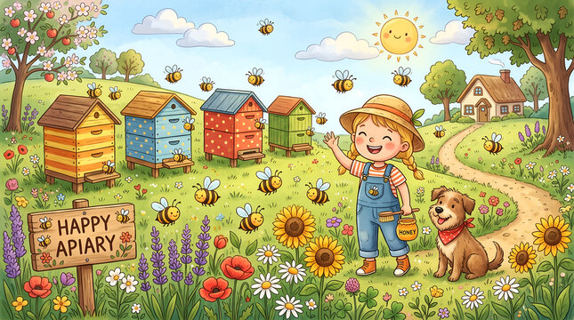 Cartoon illustration of young boy beekeeper near colorful apiary hives