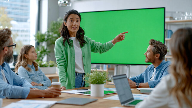 Office Meeting Presentation: Asian Woman Presenter Briefs Software Team in Office, Pointing to Large Green Screen Chroma Key Display. Engineering Ecommerce Platform, Video Game Dev