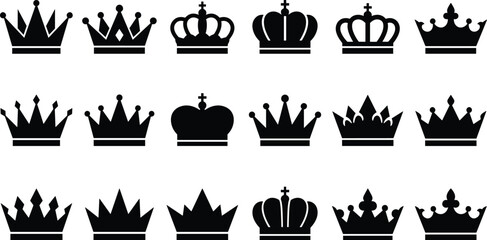 Big set of eighteen black vector crown silhouettes including royal king and queen tiaras isolated on white background for premium luxury logo design © SOURAV