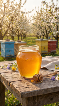 Glass jar of fresh honey with dipper on wooden table near outdoor apiary