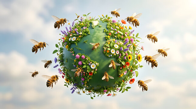 Flying bees surrounding green floral globe representing eco friendly nature