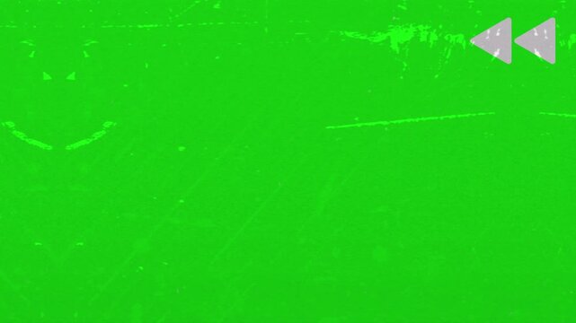 Retro VHS rewind overlay on chroma key featuring pixelated text and analog static noise