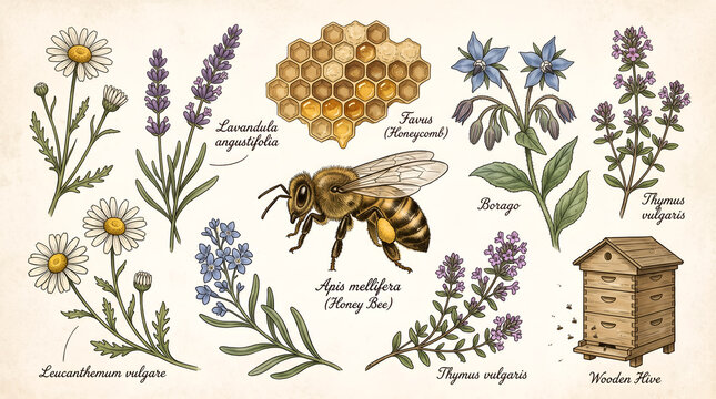 Vintage botanical illustration of honey bee honeycomb and medicinal herbs