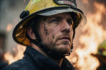 Obraz premium Firefighter in Helmet Amidst Intense Flames and Sparks