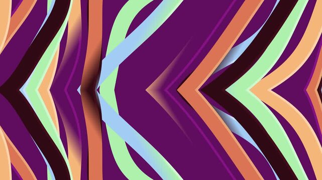 Symmetrical chevron pattern with blended pastel blue green and peach stripes on a dark purple backdrop creating a vibrant optical illusion
