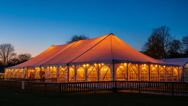Large white event tent glowing with warm lights at dusk