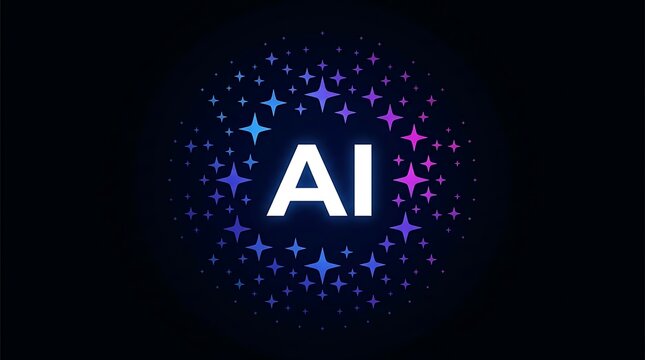 Artificial Intelligence Text Concept with Glowing Stars and Futuristic Neon Gradient Design