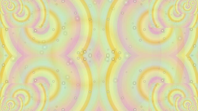 Symmetrical pastel kaleidoscope pattern featuring circles and spirals radiating with soft light and whimsical design elements for a calming effect